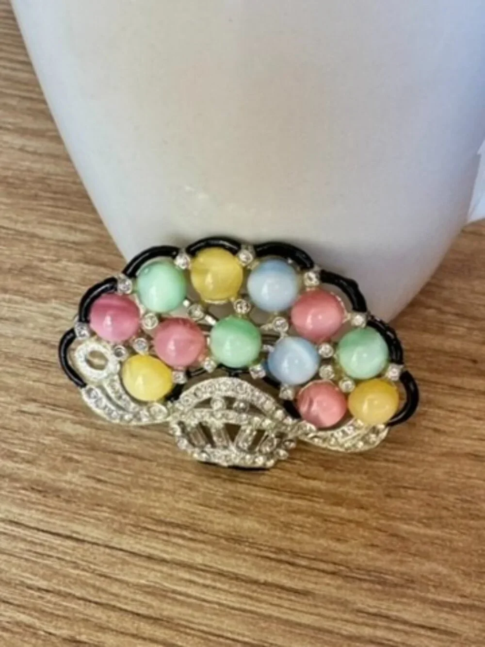 Vintage Pastel Moonglow Flower Basket Brooch - As-Is - For Repair or Upcycle